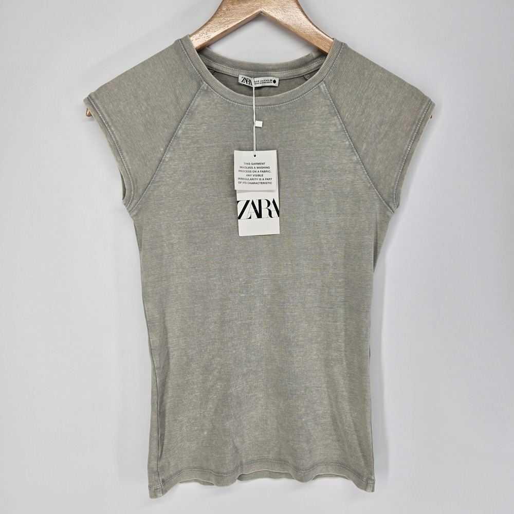 Zara T-Shirt Women S Gray Acid Wash Ribbed Raglan Cap Sleeve Crew Neck Basic